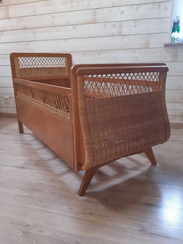 Lit enfant bois et rotin