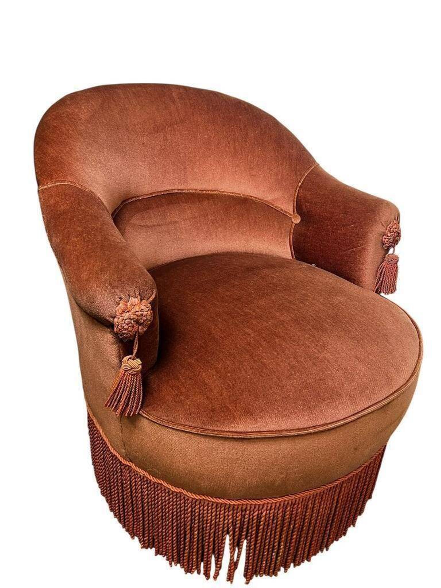 Fauteuil vintage rose ancien / une place / fauteuil à franges