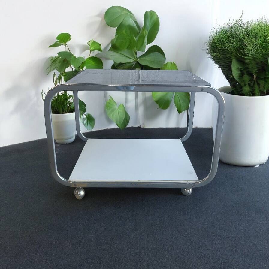 vintage chrome side table/bar cart with glass