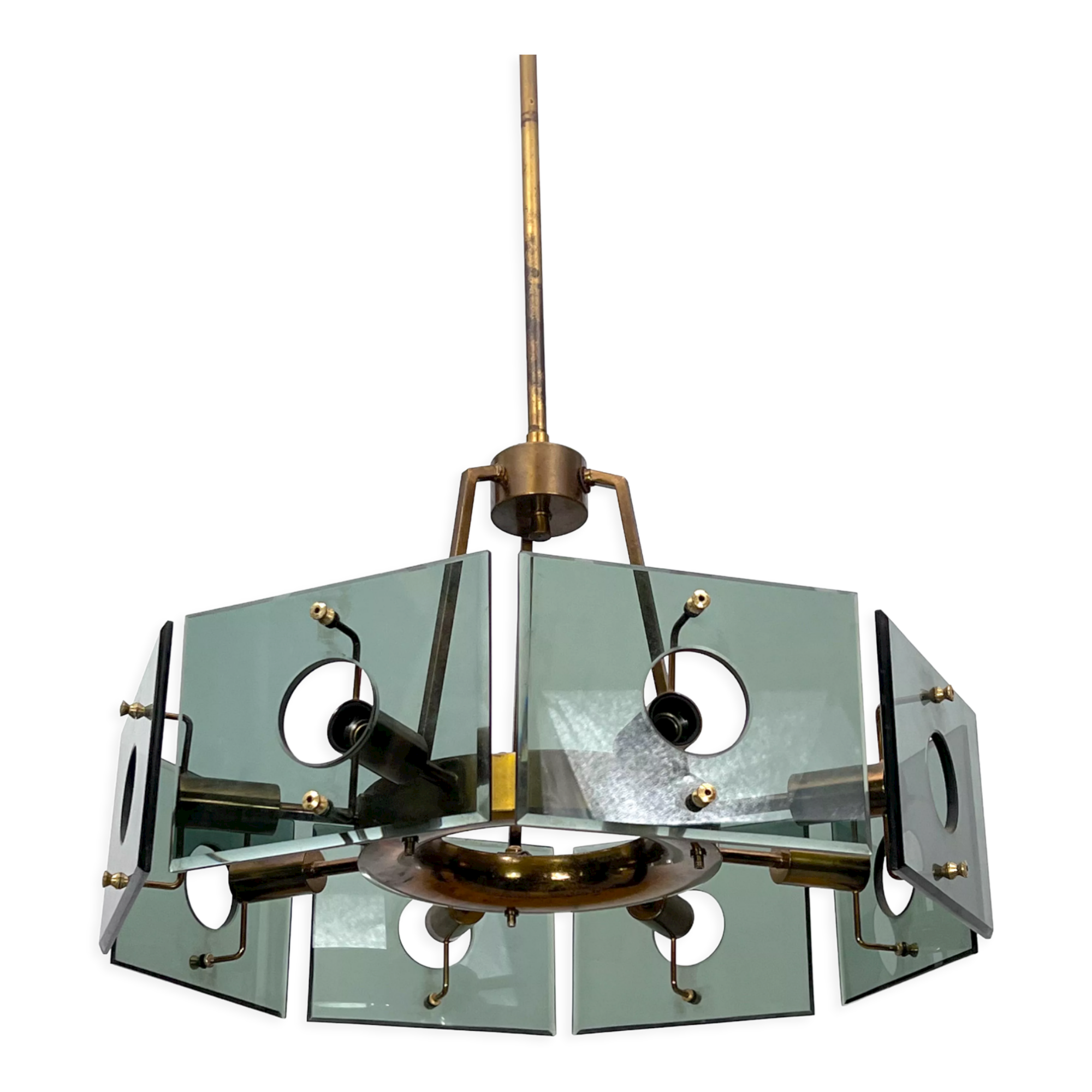 Gino Paroldo, modernist brass and smoked glass chandelier, Italy 1960s