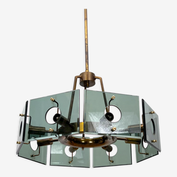 Gino Paroldo, modernist brass and smoked glass chandelier, Italy 1960s