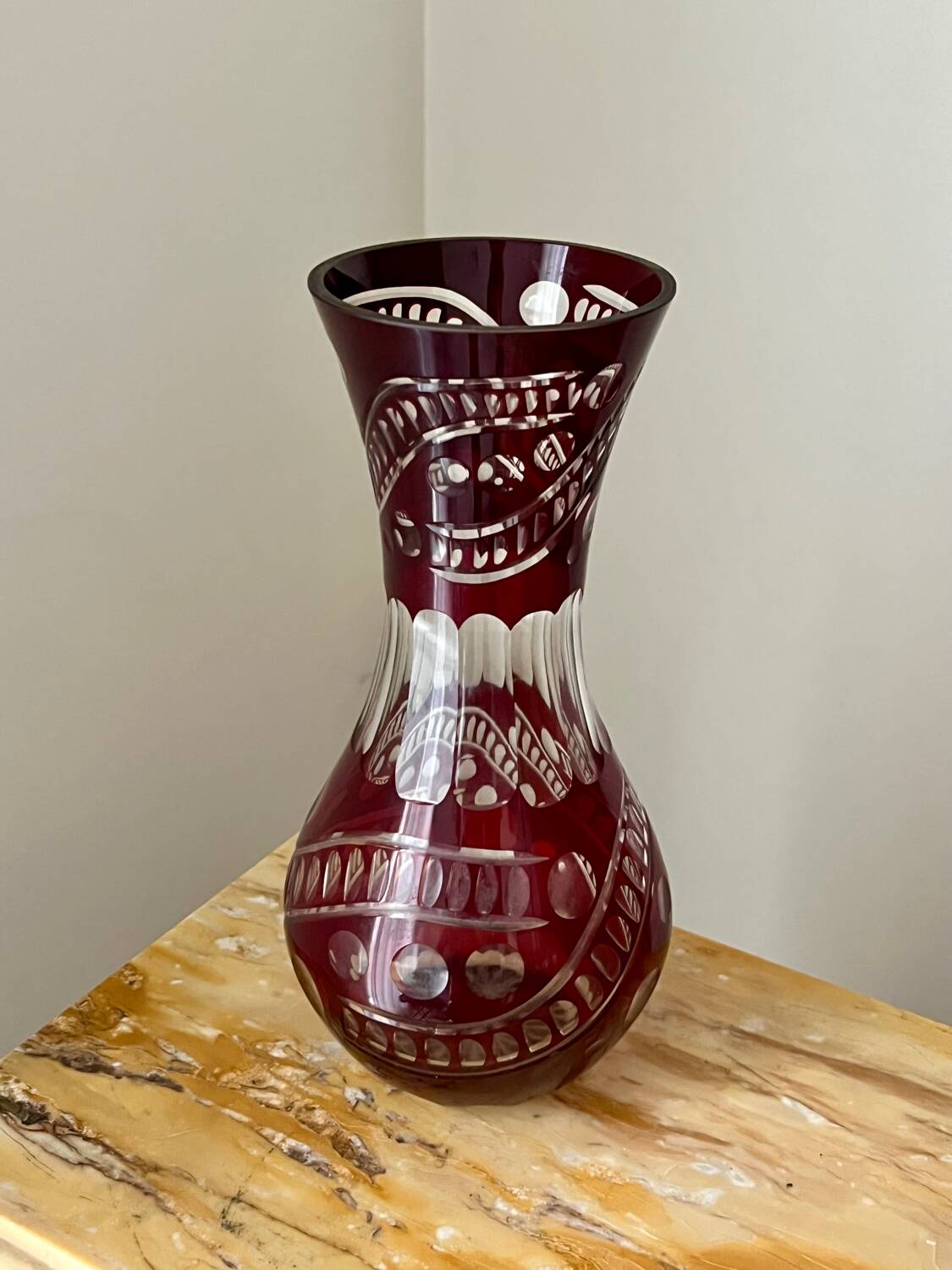 Bohemian crystal vase in ruby red color