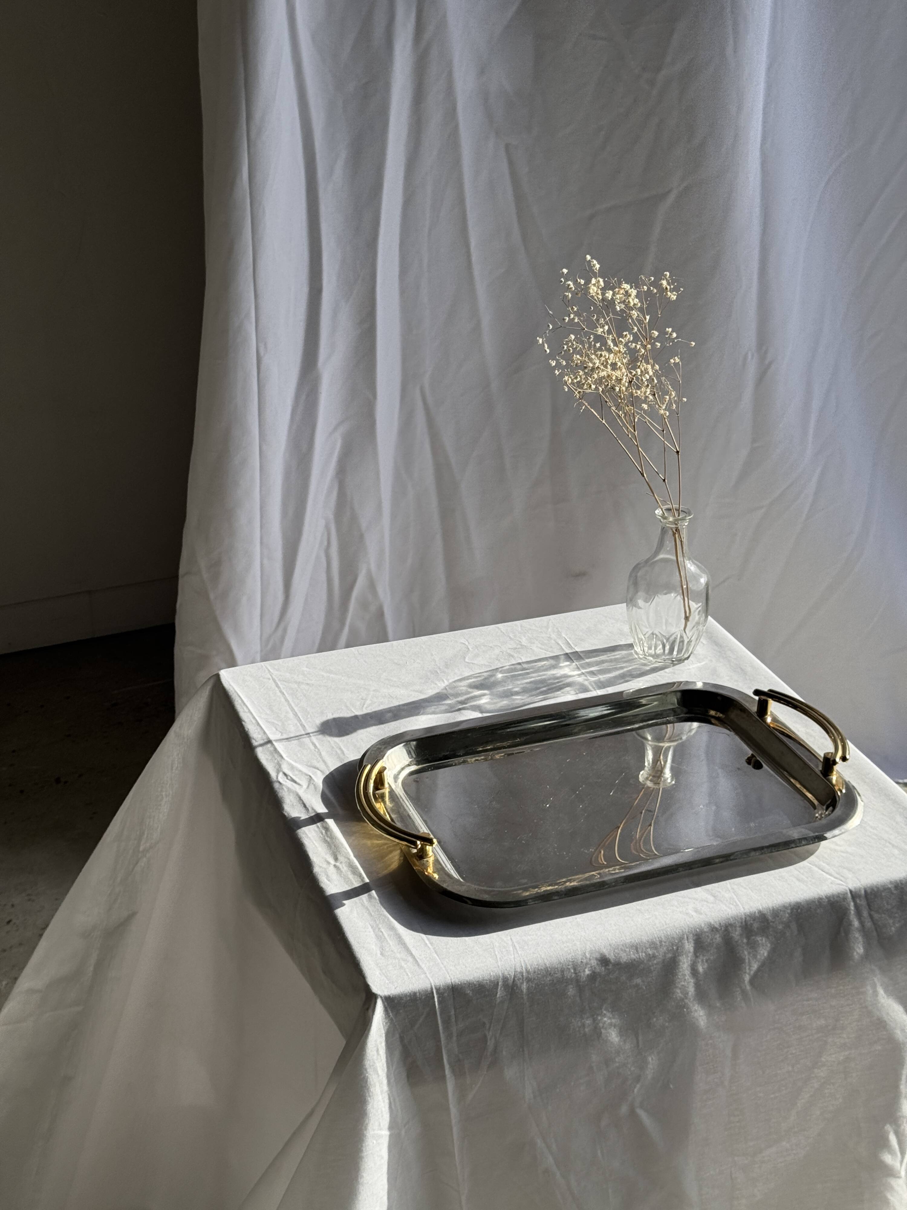 Silver-plated vintage tray with golden handles 29x45