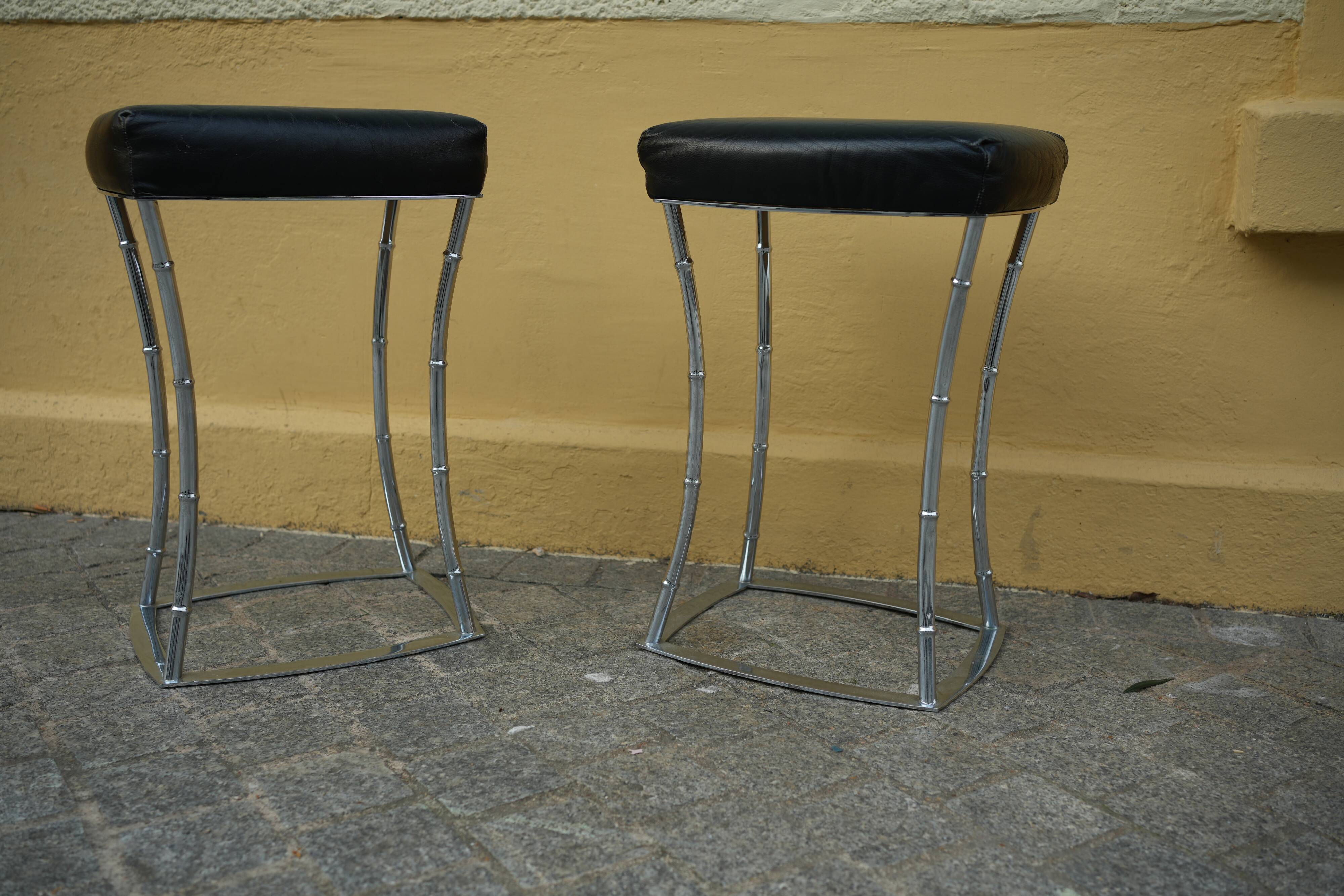 Pair of Bamboo Style Stools Attributed to Jacques Adnet: