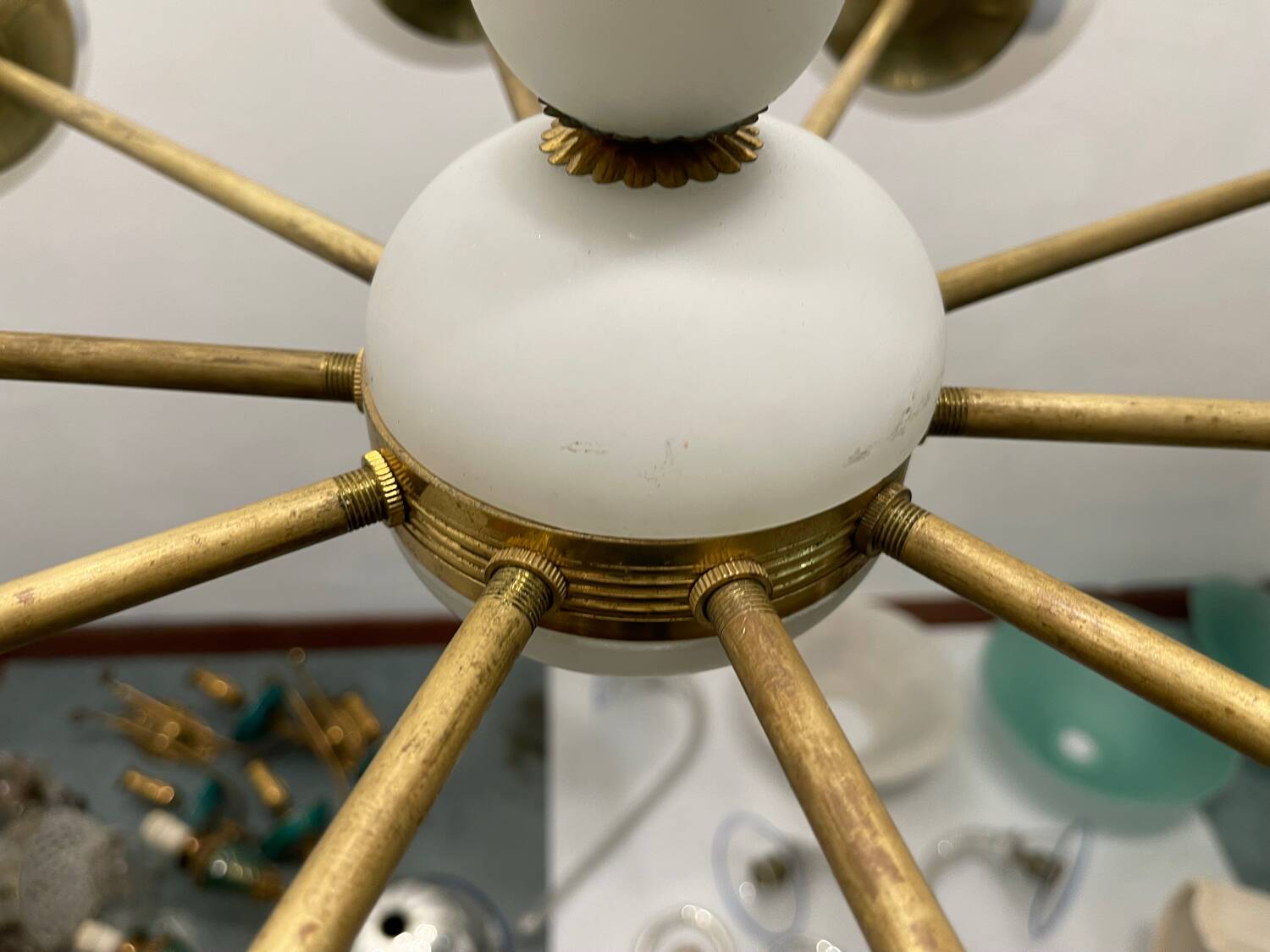 White Brass Opaline Glass Sputnik Chandelier 10 lights