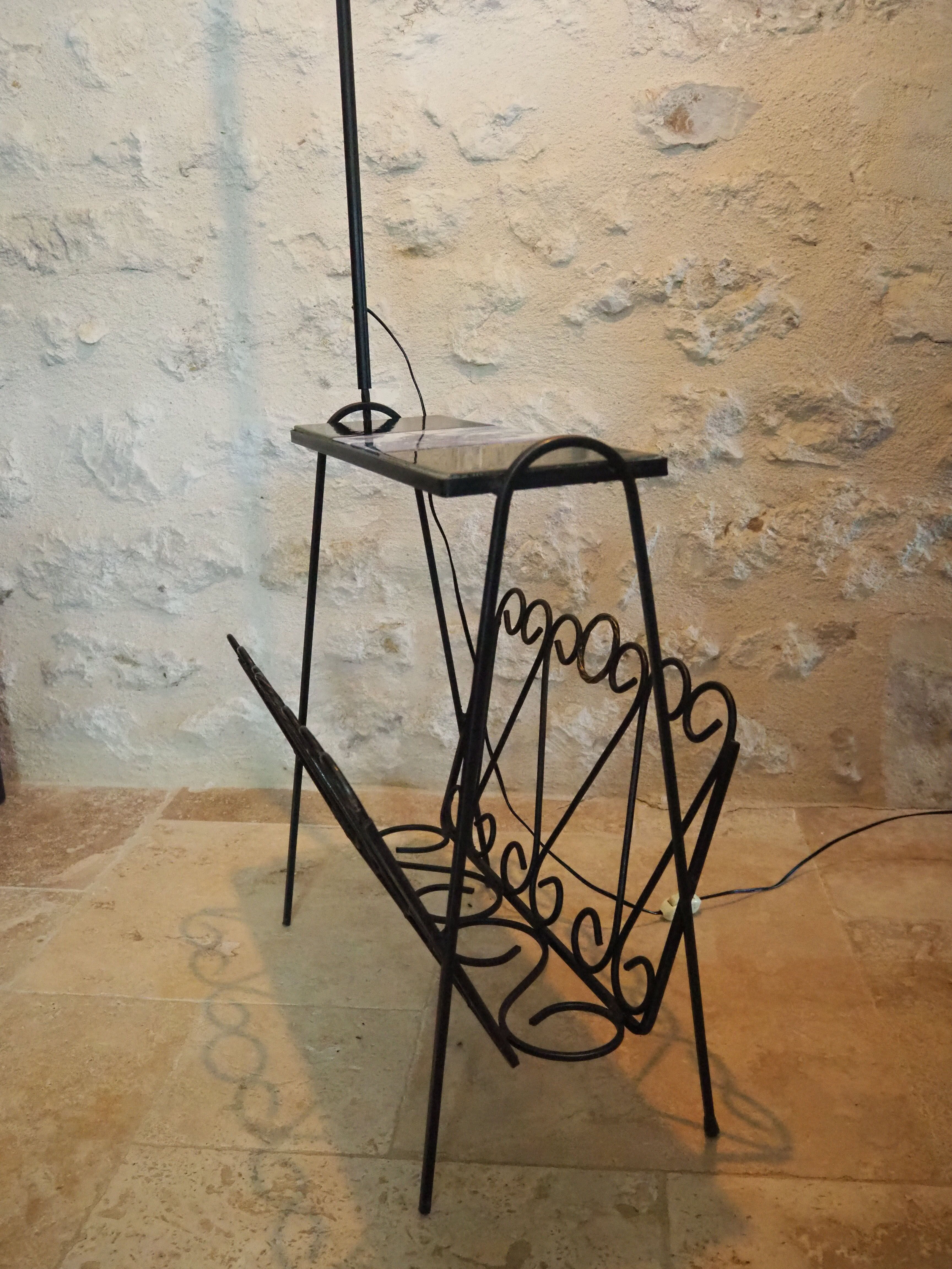 1970s black wrought iron ironing board with enamelled tiles