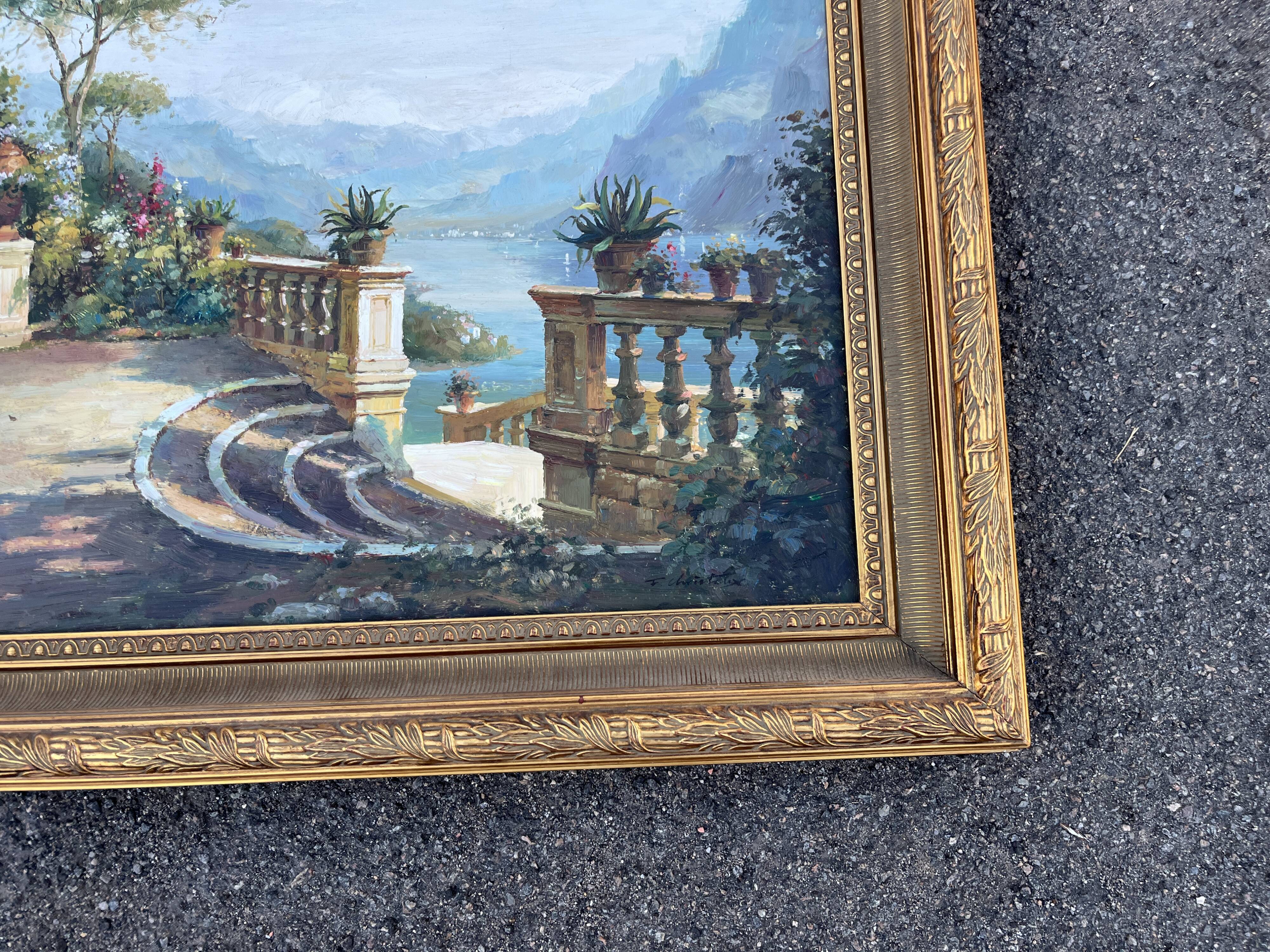 Large oil on canvas, Mediterranean terrace by the lake, signed, gilded frame.