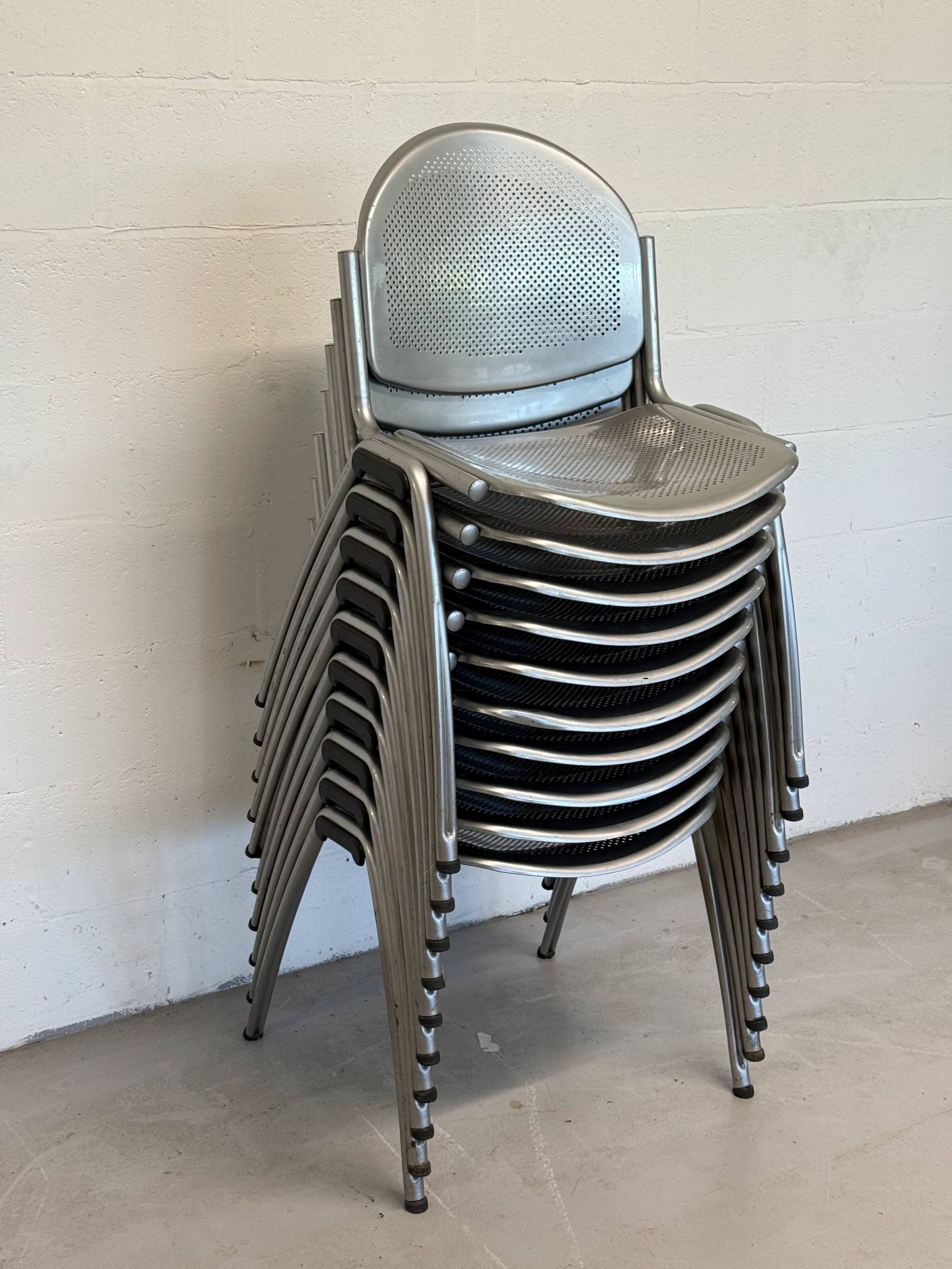 Vintage Sokoa stackable chairs, brutalist perforated metal chairs.