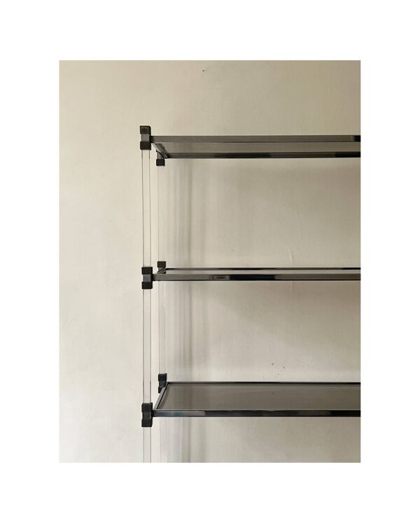 Bibliothèque Hollis Jones plexiglass , laiton & verre fumé, design 1970