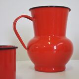 Set pichet & théière en métal émaillé orange et noir 1950s, set de 4