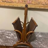 Wicker and brown wood magazine rack