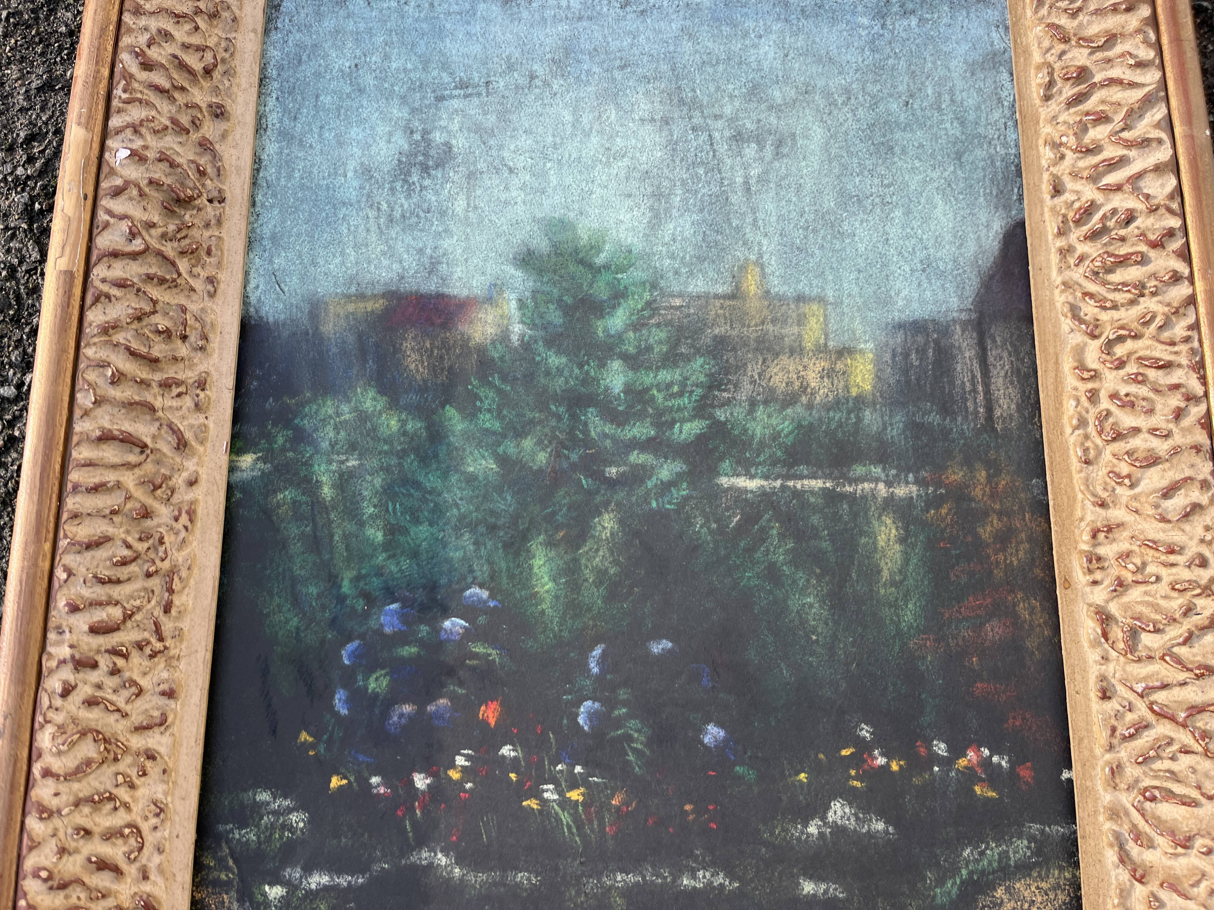 Old large pastel tableau - Scene of a wooded and flowered garden