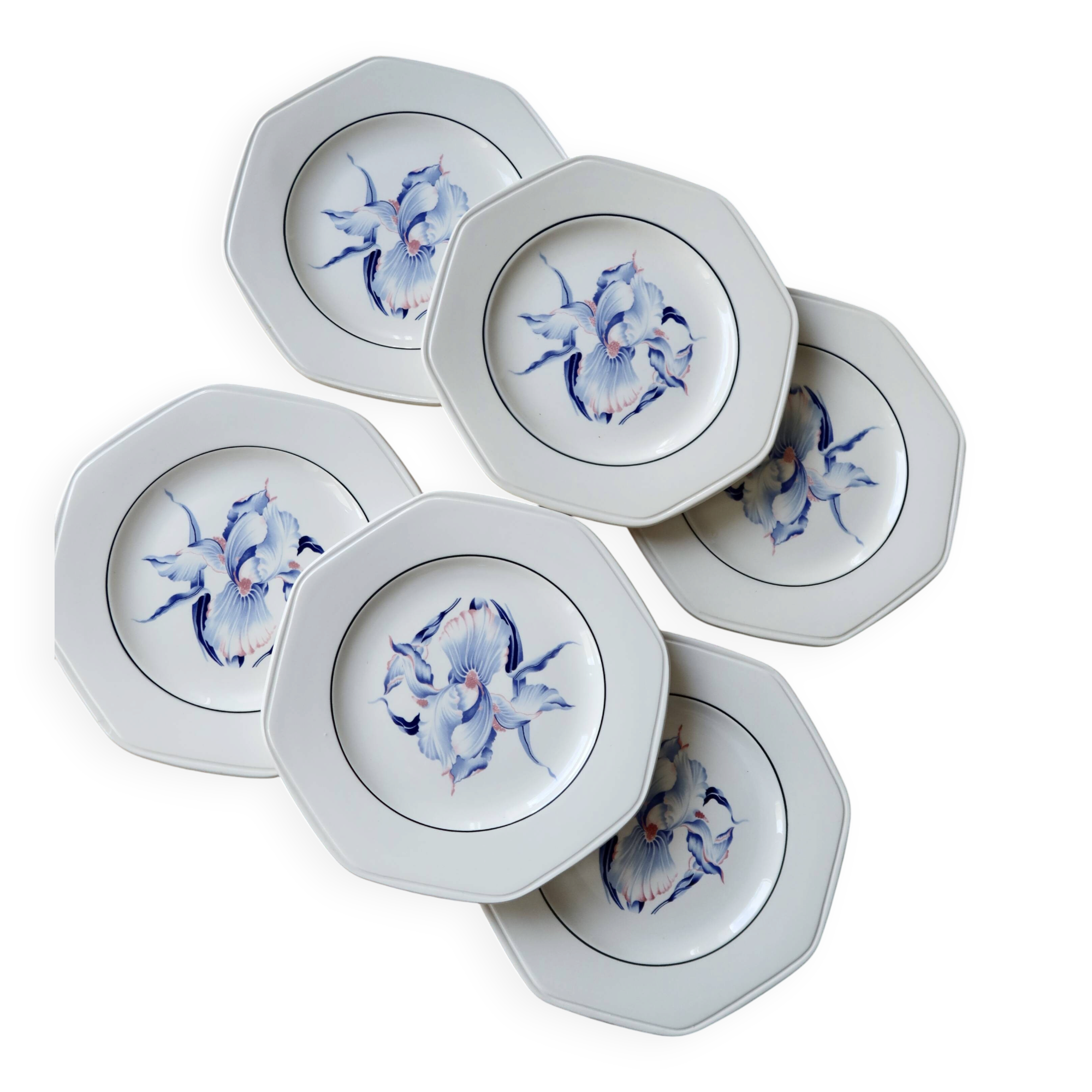 6 vintage dessert plates earthenware Moulin des Loups - Iris pattern