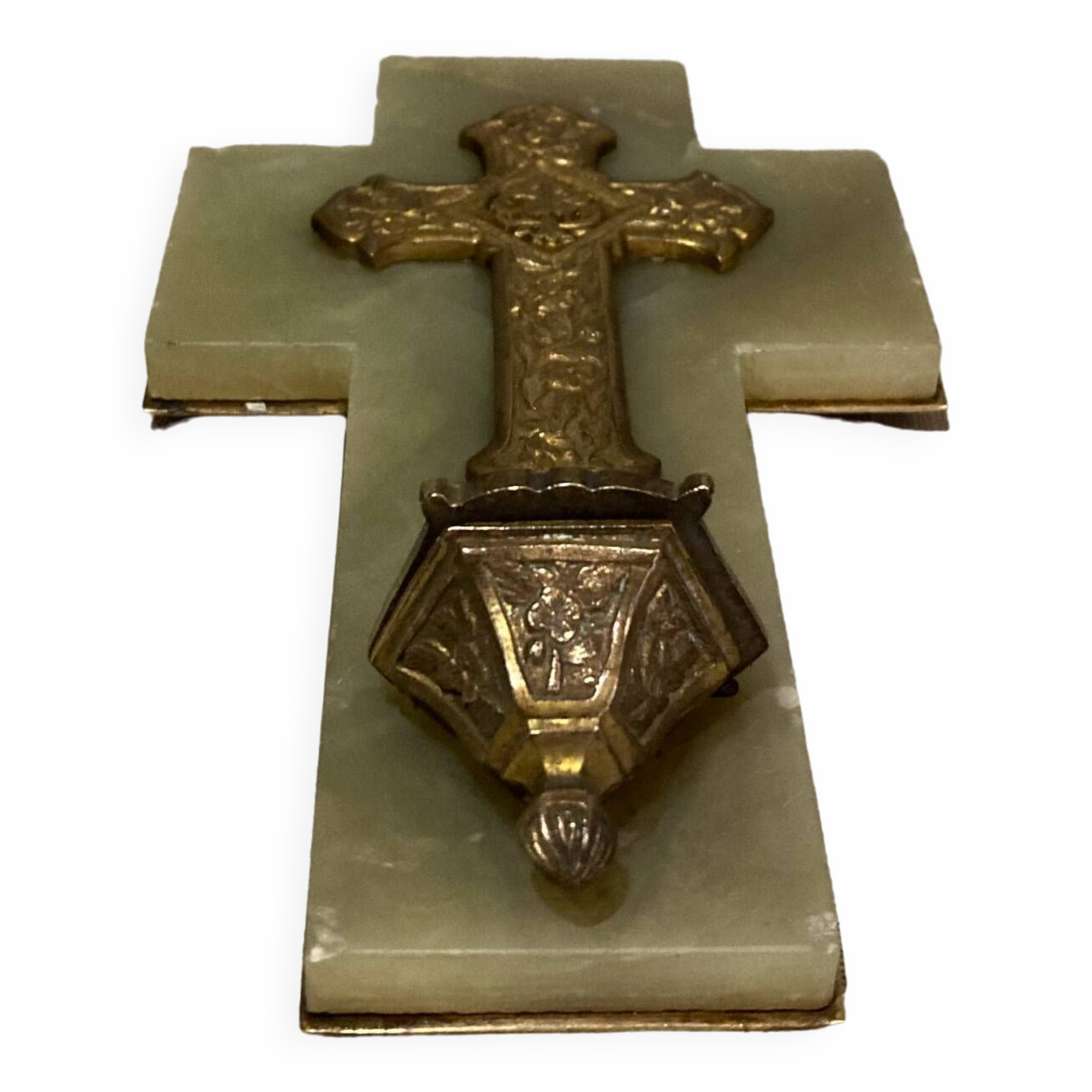 Art Deco holy water font in bronze, onyx and brass from the early 20th century
