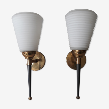 Pair of brass and opaline wall lamps from the 50/60