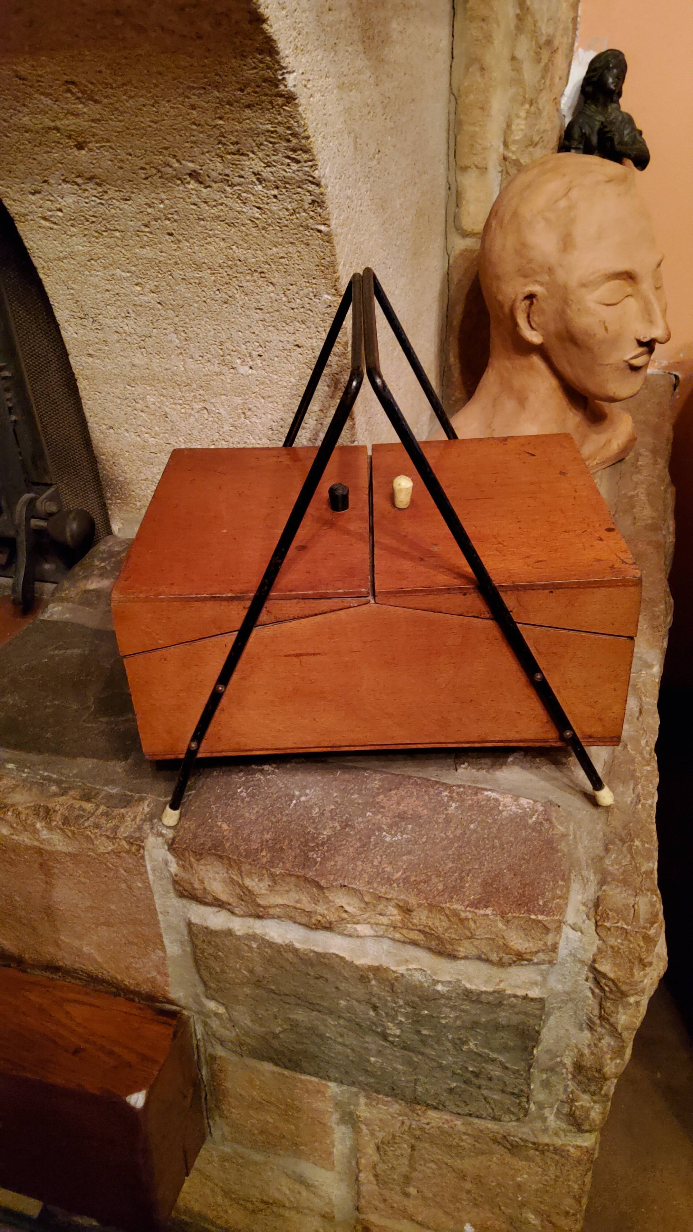Sewing box from the 50s in wood and black metal