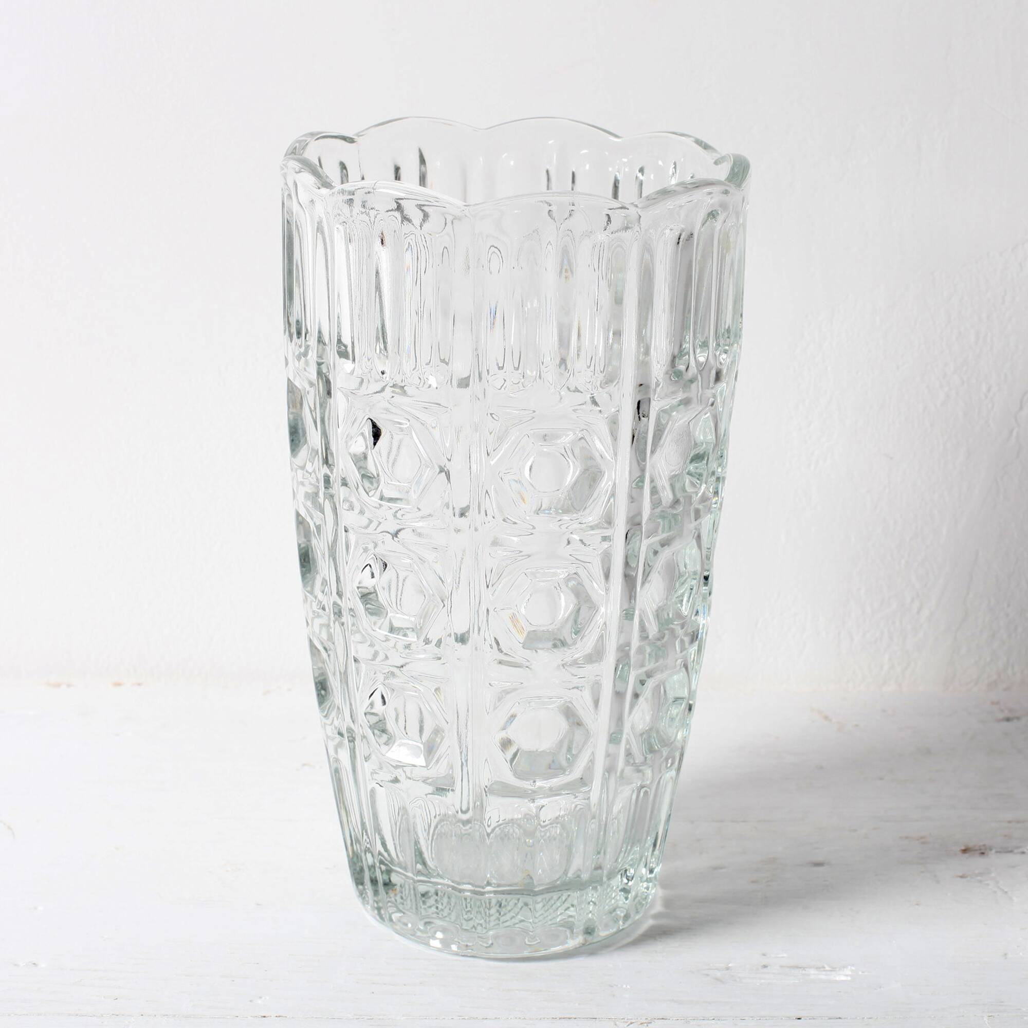 Vintage Solid Heavy Clear Hand Pressed Glass Flower Vase / Italy / 1960s