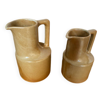 Pair of antique brenne pitchers in beige french stoneware vintage