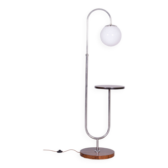 Restored Bauhaus Floor Lamp, Walnut, Chrome, Opal Glass, Czechia, 1930s