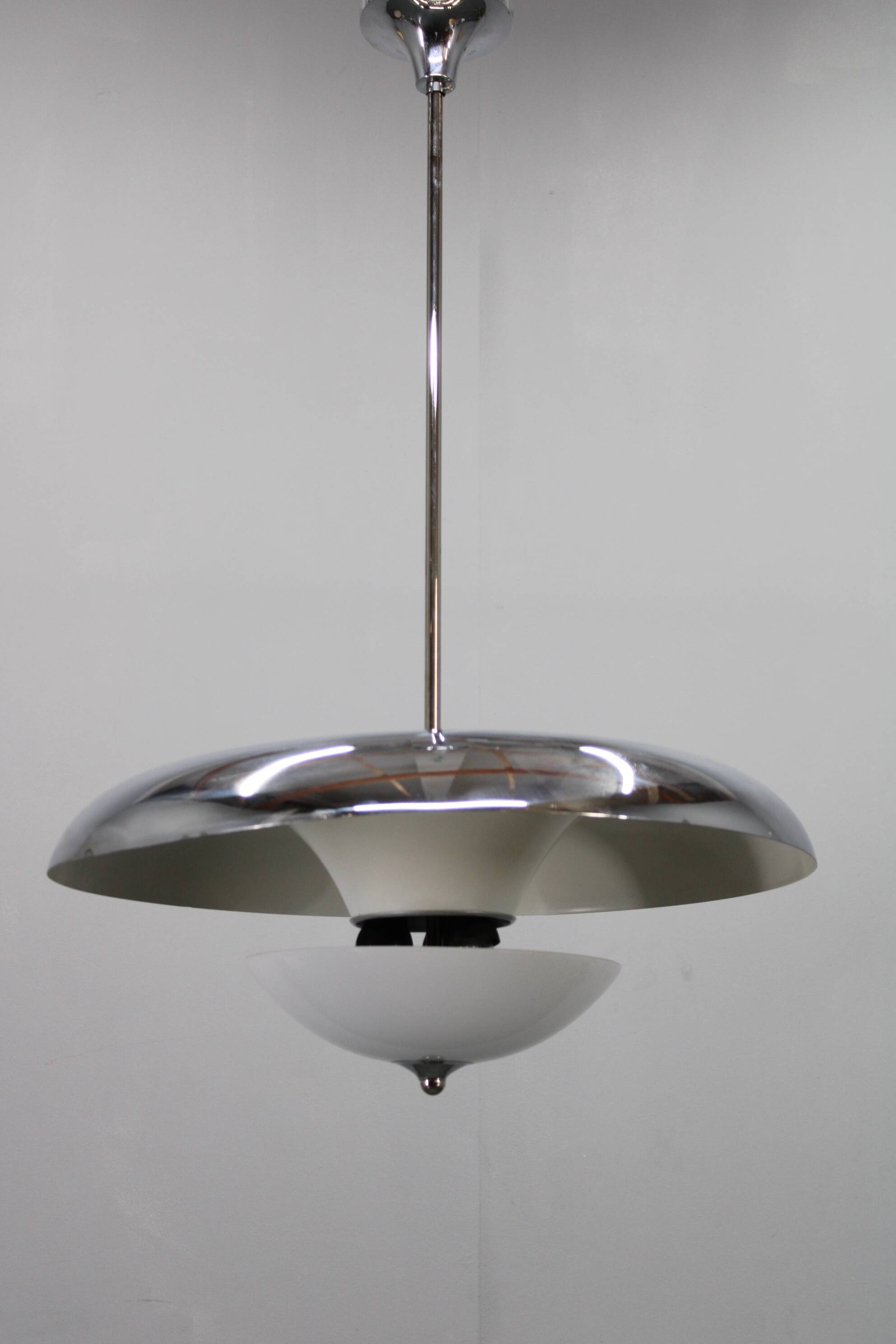 Art Deco chrome and opaline glass chandelier by Napako, 1930s