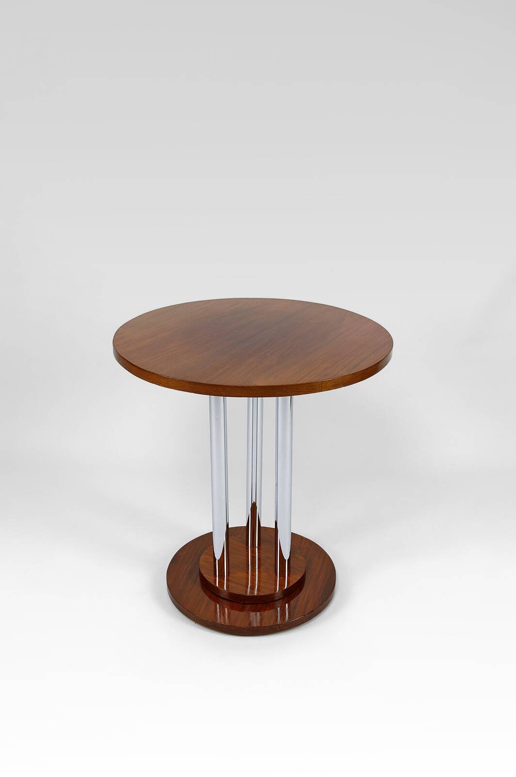 Modernist Art Deco pedestal table in walnut and chrome, France, Circa 1930