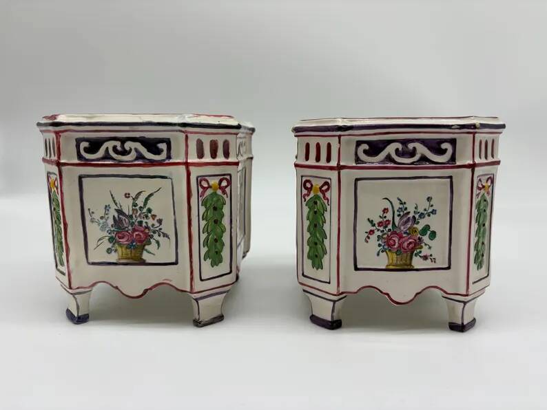 Pair of onion pots Samson 19th century Polychrome earthenware Strasbourg style Antique cache pots