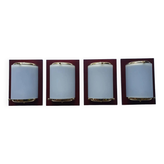 Four vintage gold wall lights with opaline globes on wooden support
