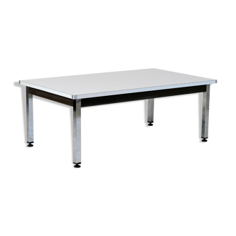 Coffee table chrome steel base, white melaminate top. France, circa 1970.