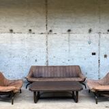 Sofa set with 2 armchairs and coffee table in banbou and leather 1970