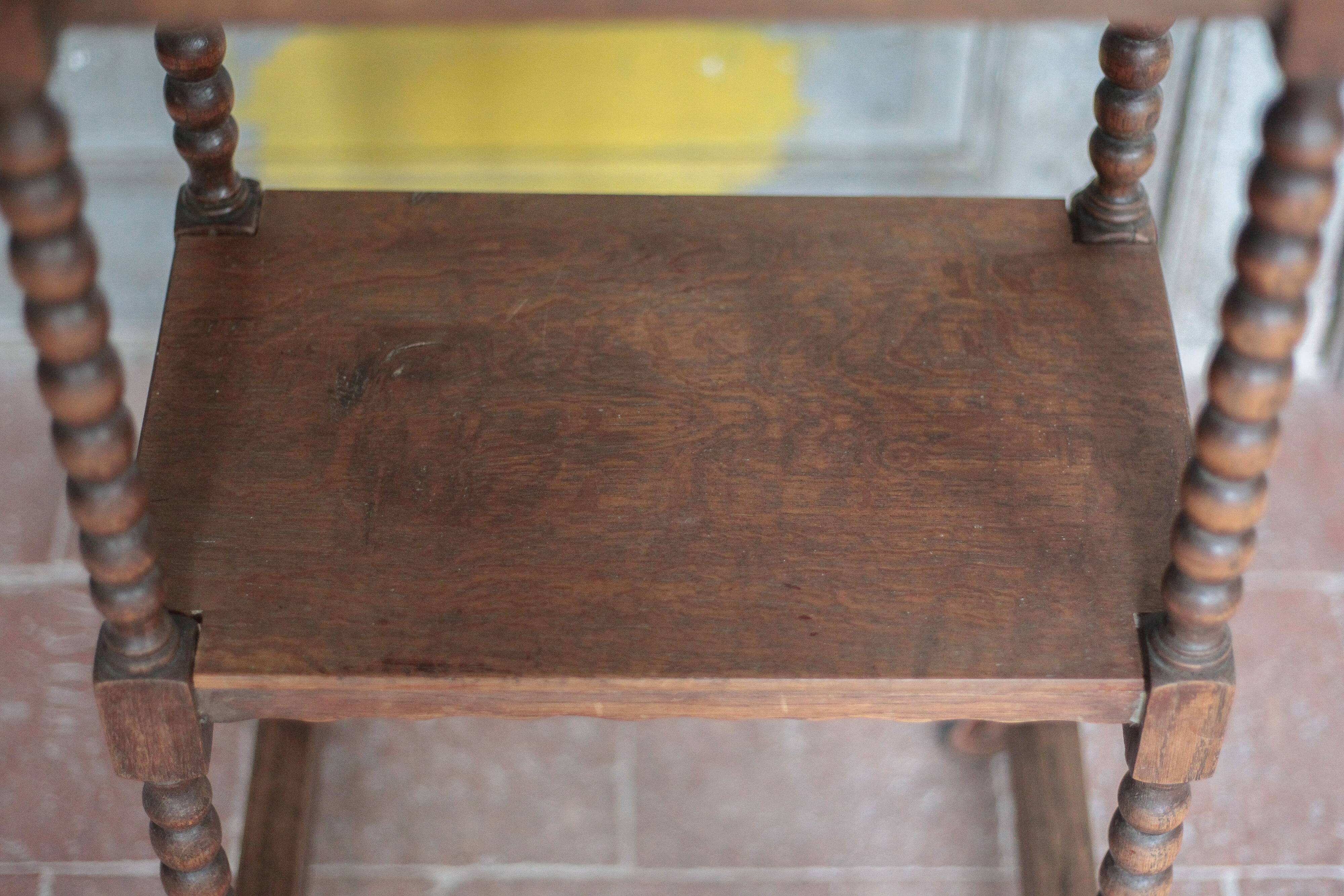 Vintage turned wood dessert trolley, wheeled table with removable top.