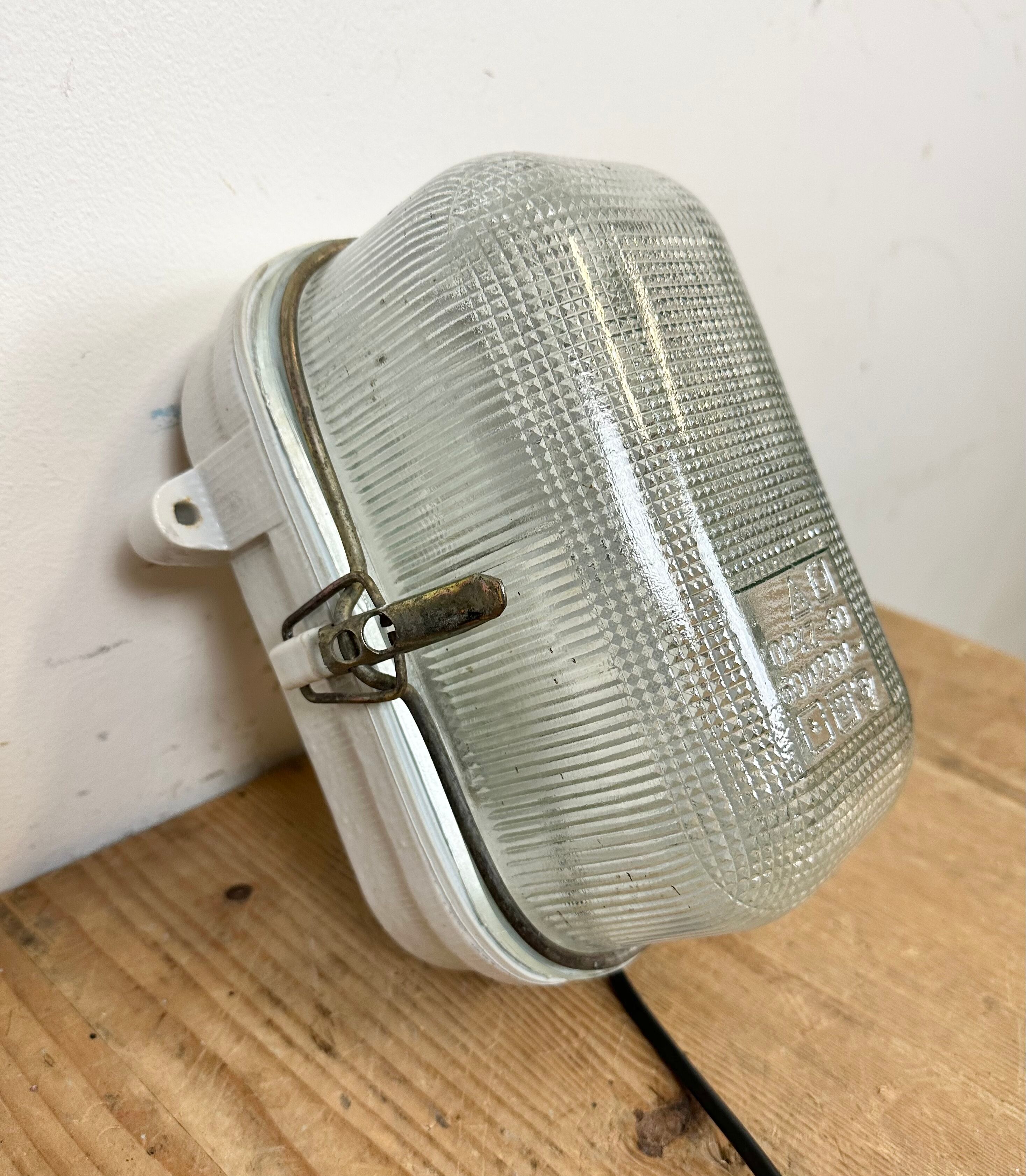 Industrial White Porcelain Wall Light with Ribbed Glass, 1970s