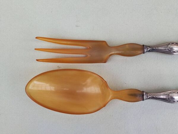 Couverts à salade en argent sterling et corne