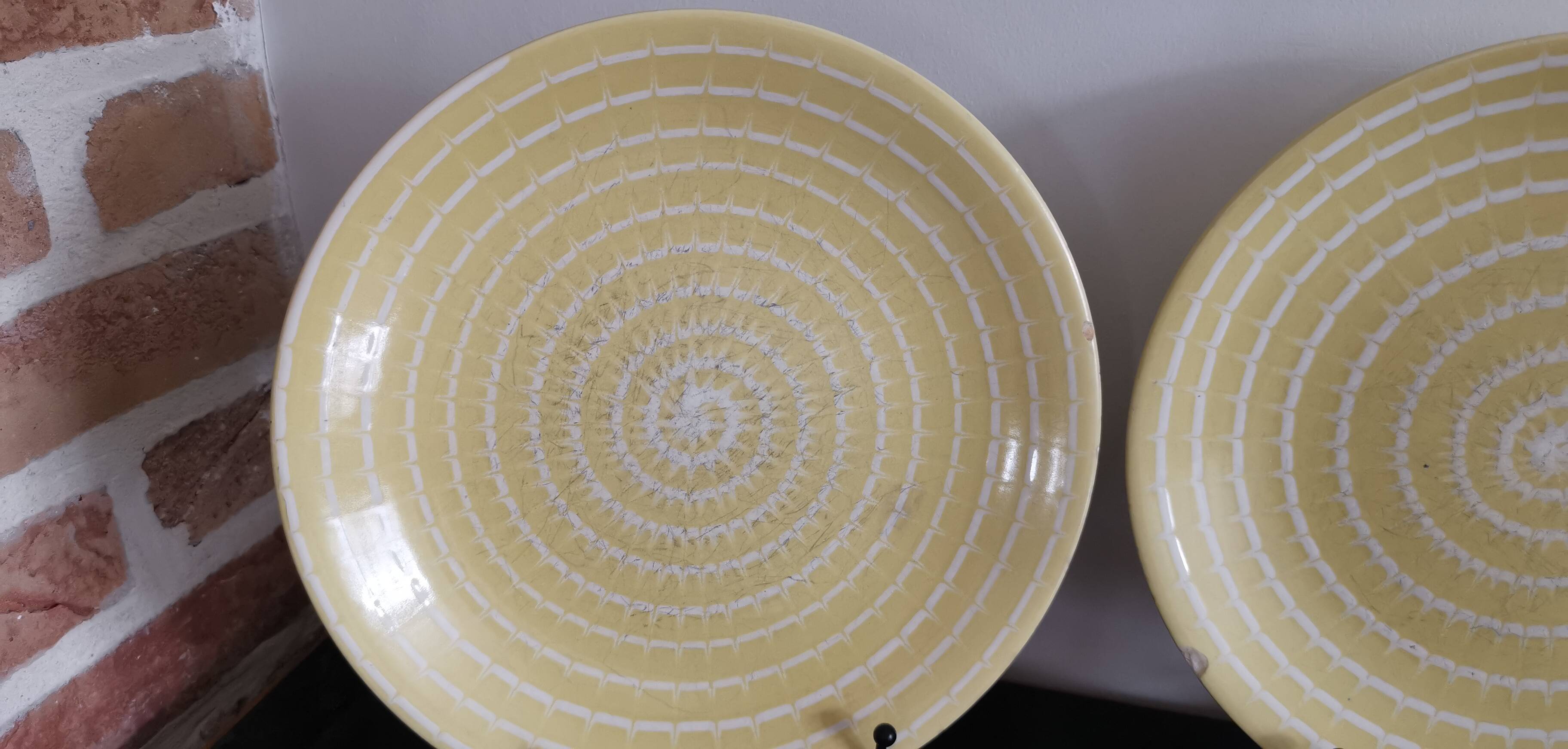 Set of 5 old Longchamp sunny yellow flat plates