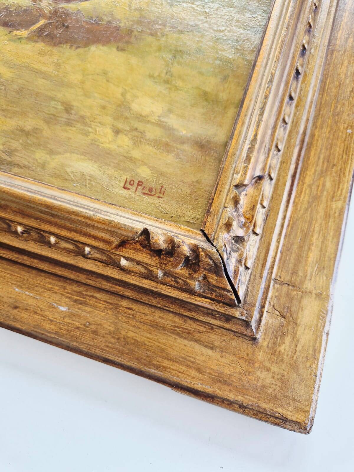Oil Painting on Canvas "Children at the Farm" Signed Lo Presti - Gilded Frame