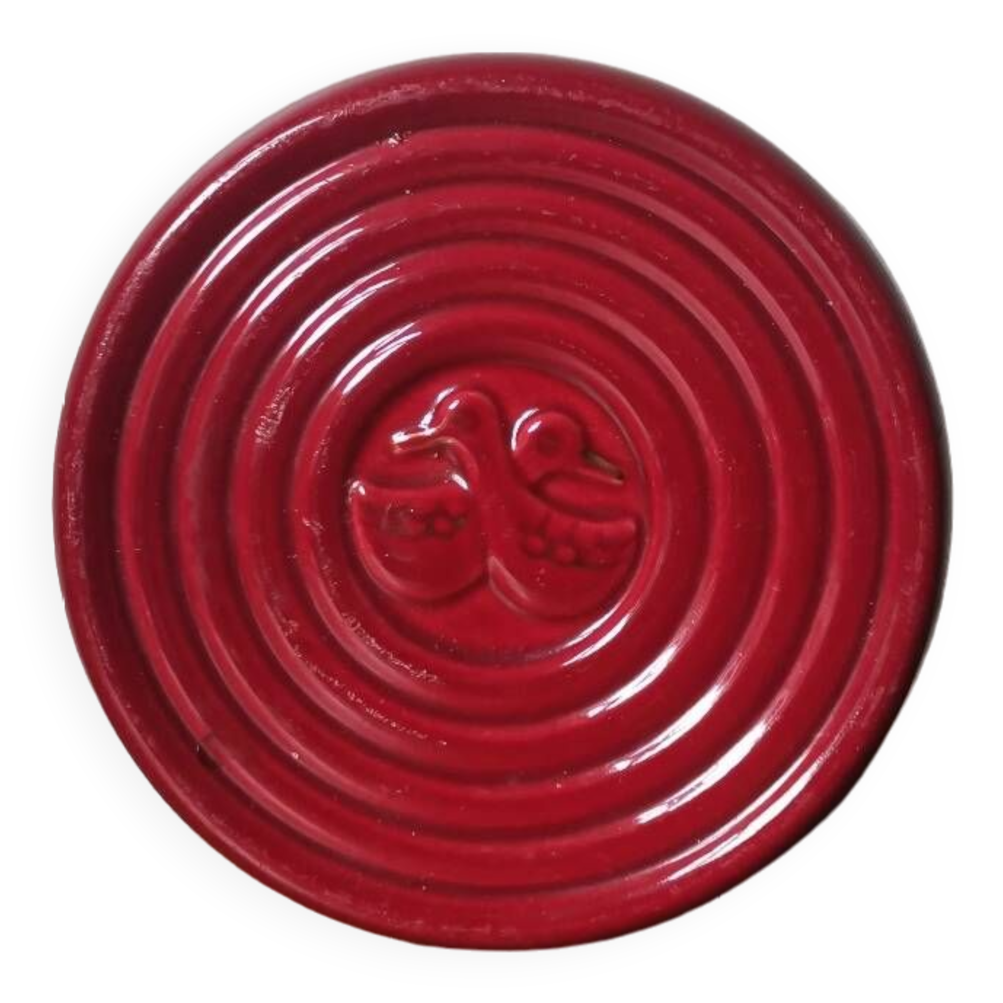 Vintage burgundy red slip ceramic coaster with duck pattern