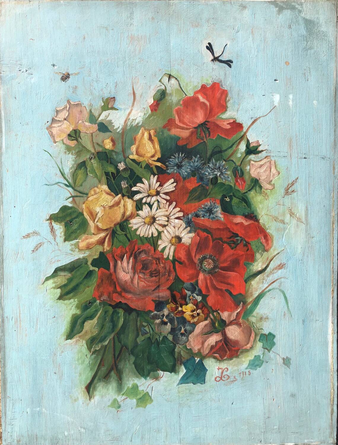 Tableau huile sur panneau bouquet début XXeme.