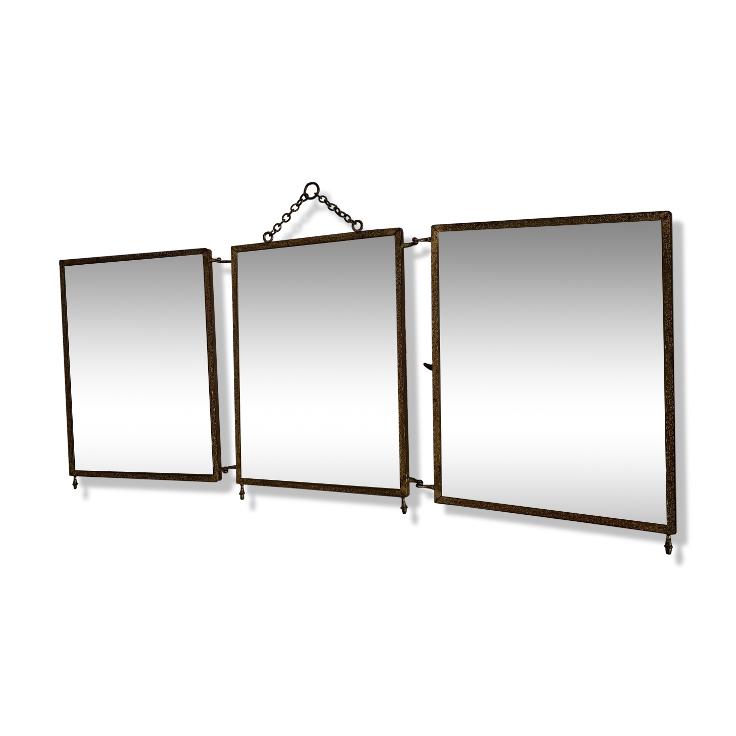 Vintage mirror 1900 barber triptych brass and wood - 29 x 70 cm