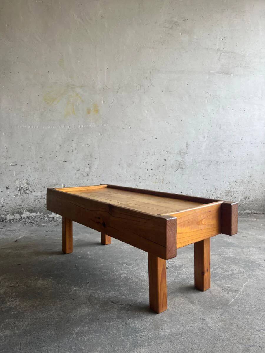 1970s Brutalist Danish Side Table in Solid Pine — Light Brown Natural Wood, Low Rectangular