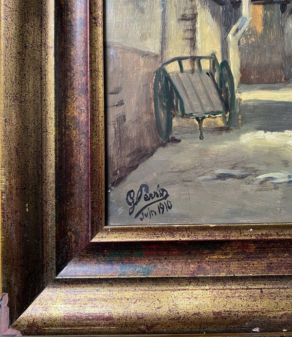 Tableau HSP ''Rue Gambay Vieux Troyes'' commerce en 1910 HSP signé + cadre