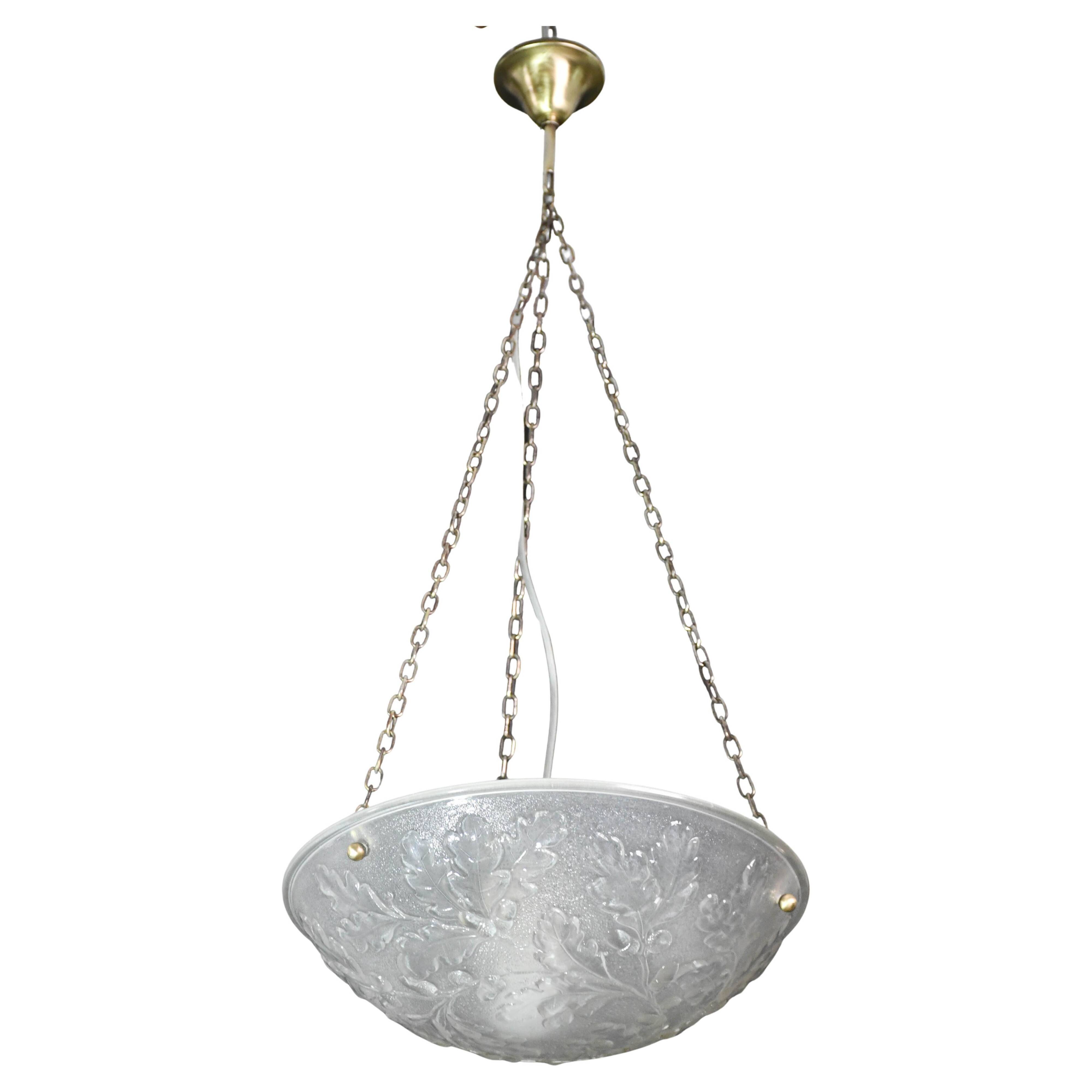 French Art Deco glass bowl pendant chandelier with floral pattern, 1950