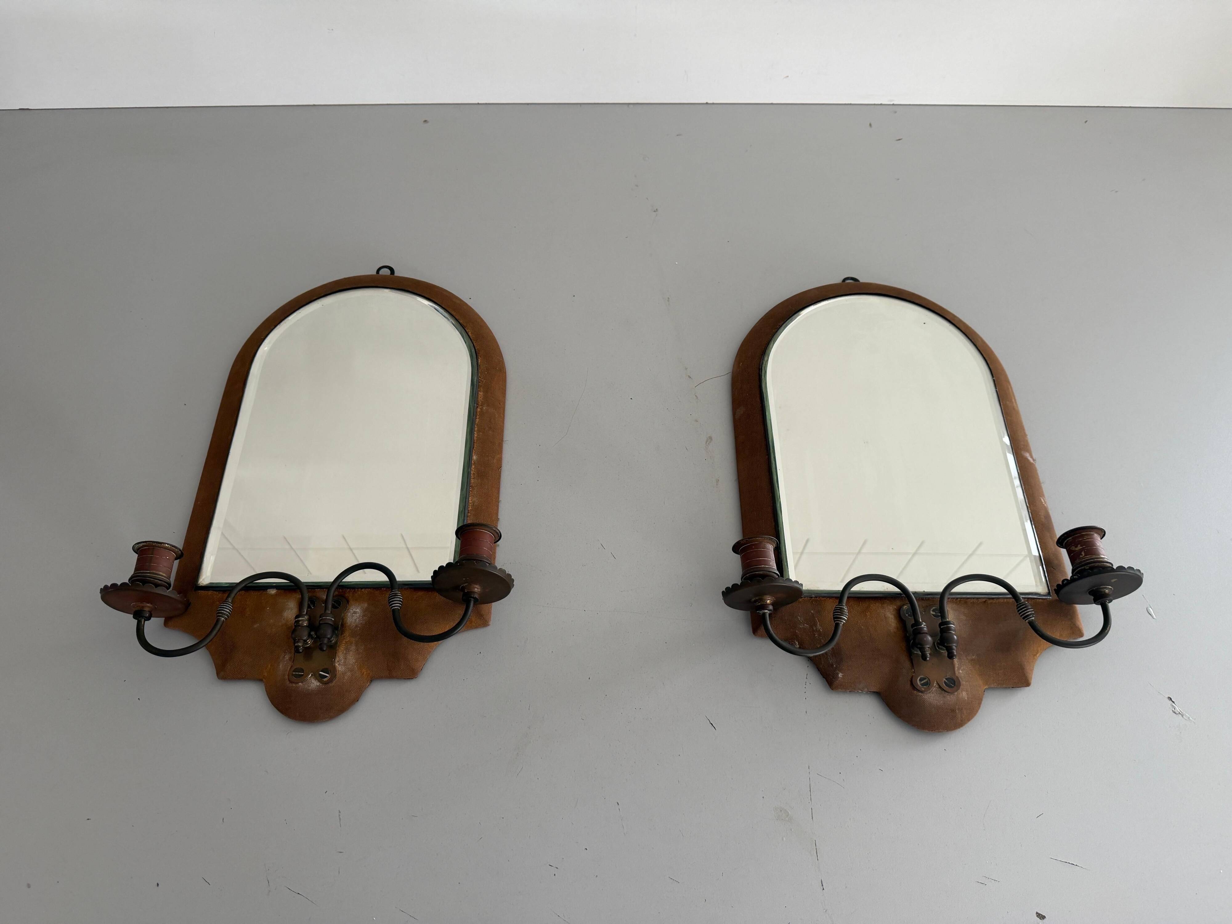 Pair of brass double-headed candlesticks with mirrors, 1940s, Italy
