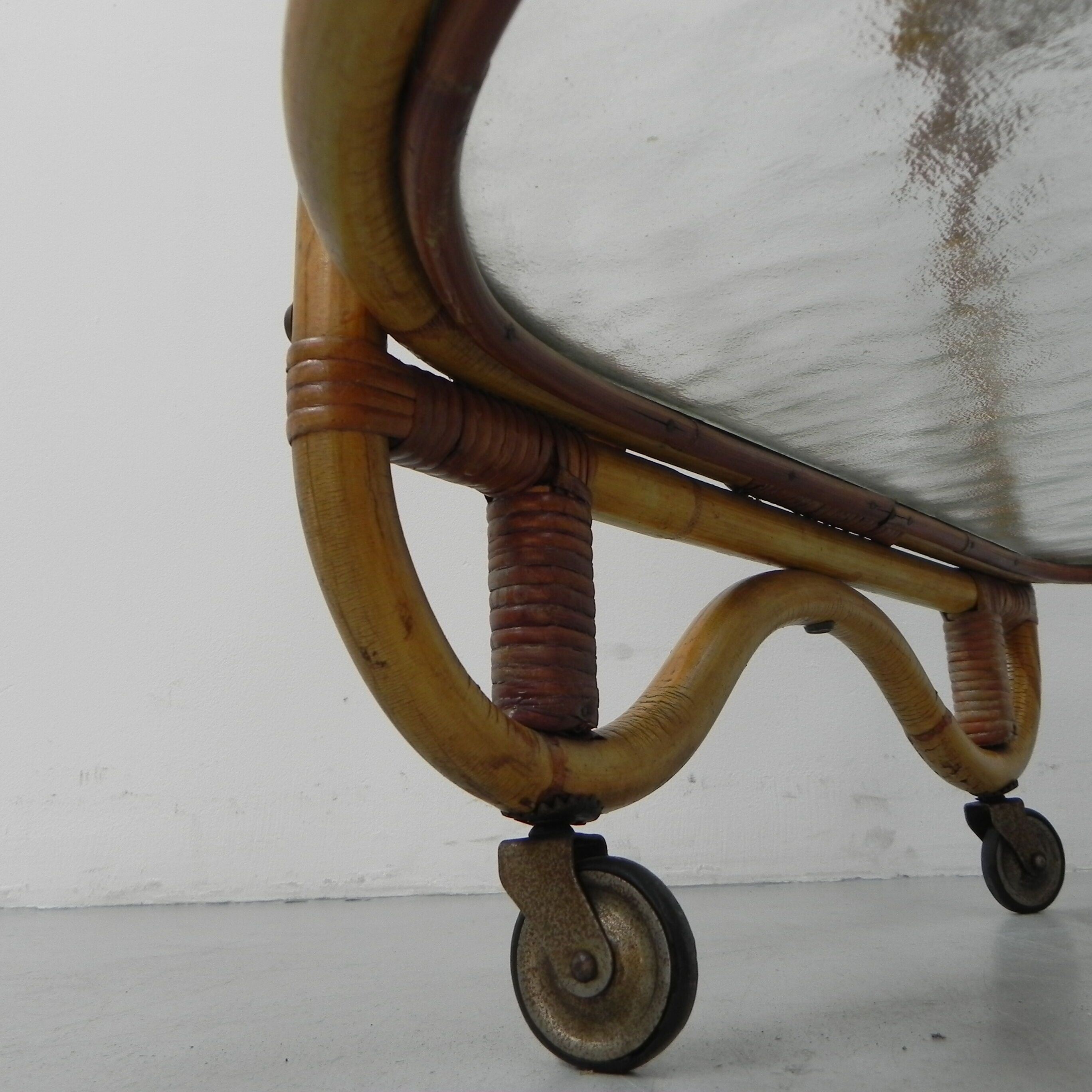 Bamboo, rattan serving trolley on castors