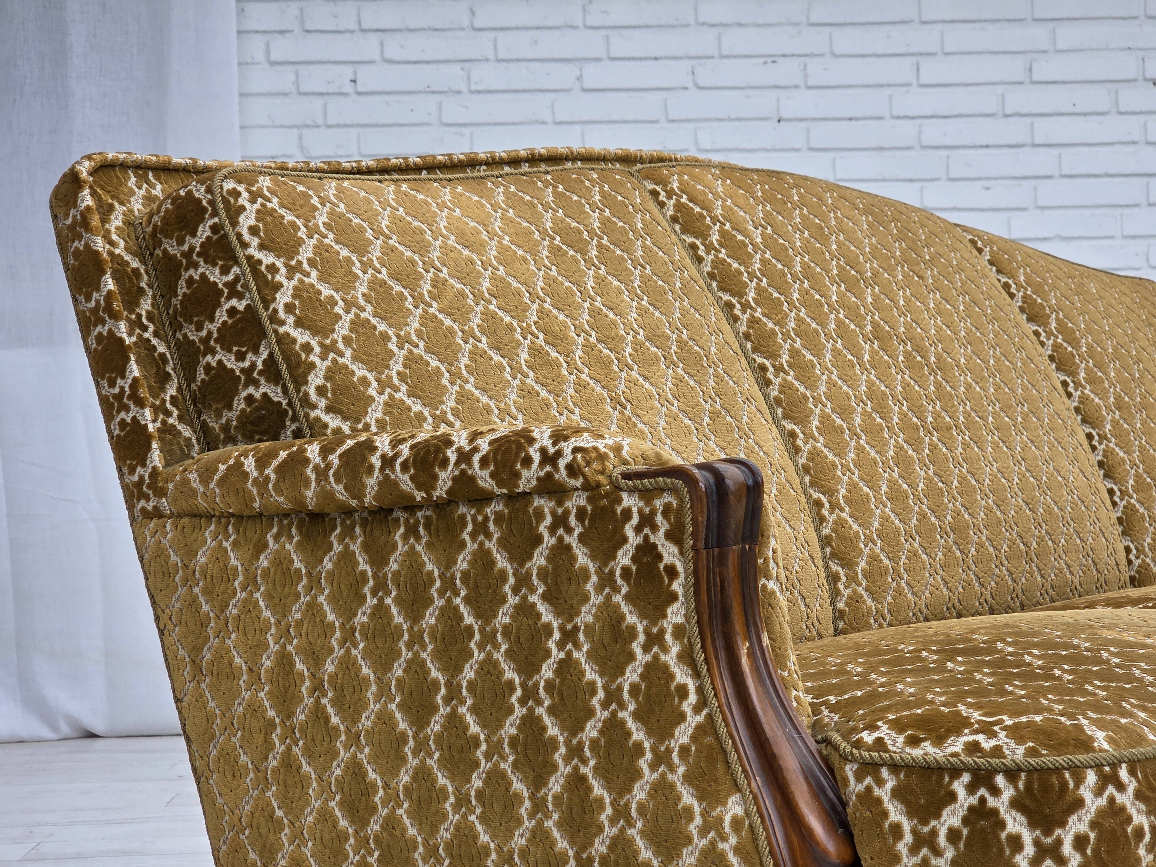 1950s, Danish 3-seater sofa, furniture velour, carved ash wood.