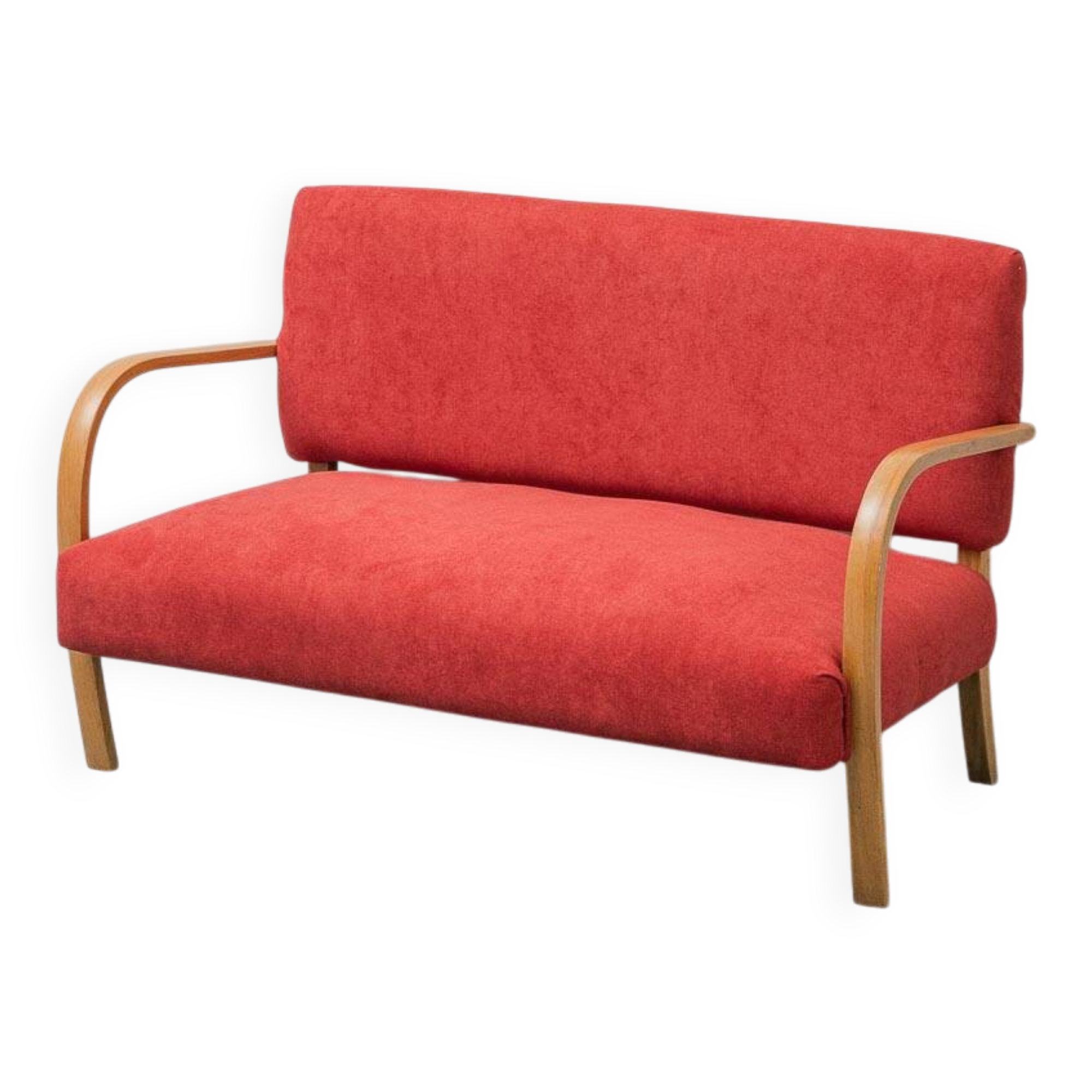Vintage 2-seater sofa – in wood and red fabric, 1960s modernist