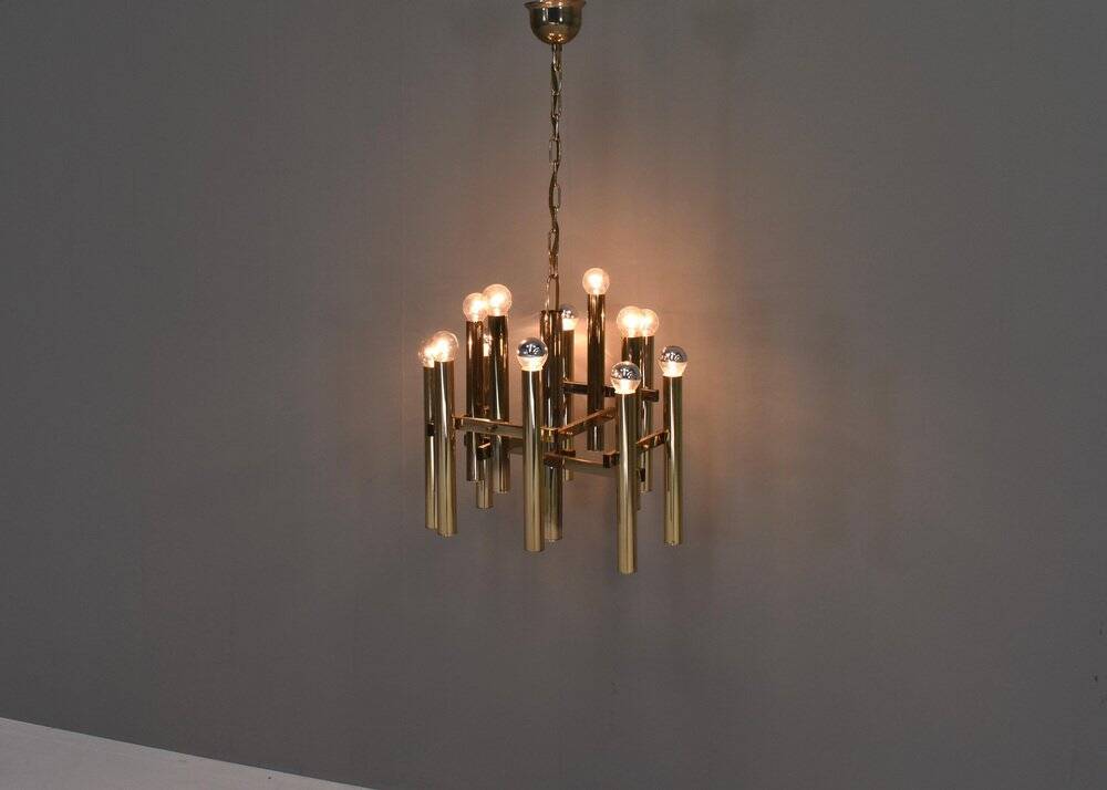 Italian brass chandelier 12 spot pendant lamp by Gaetano Sciolari, 1970s