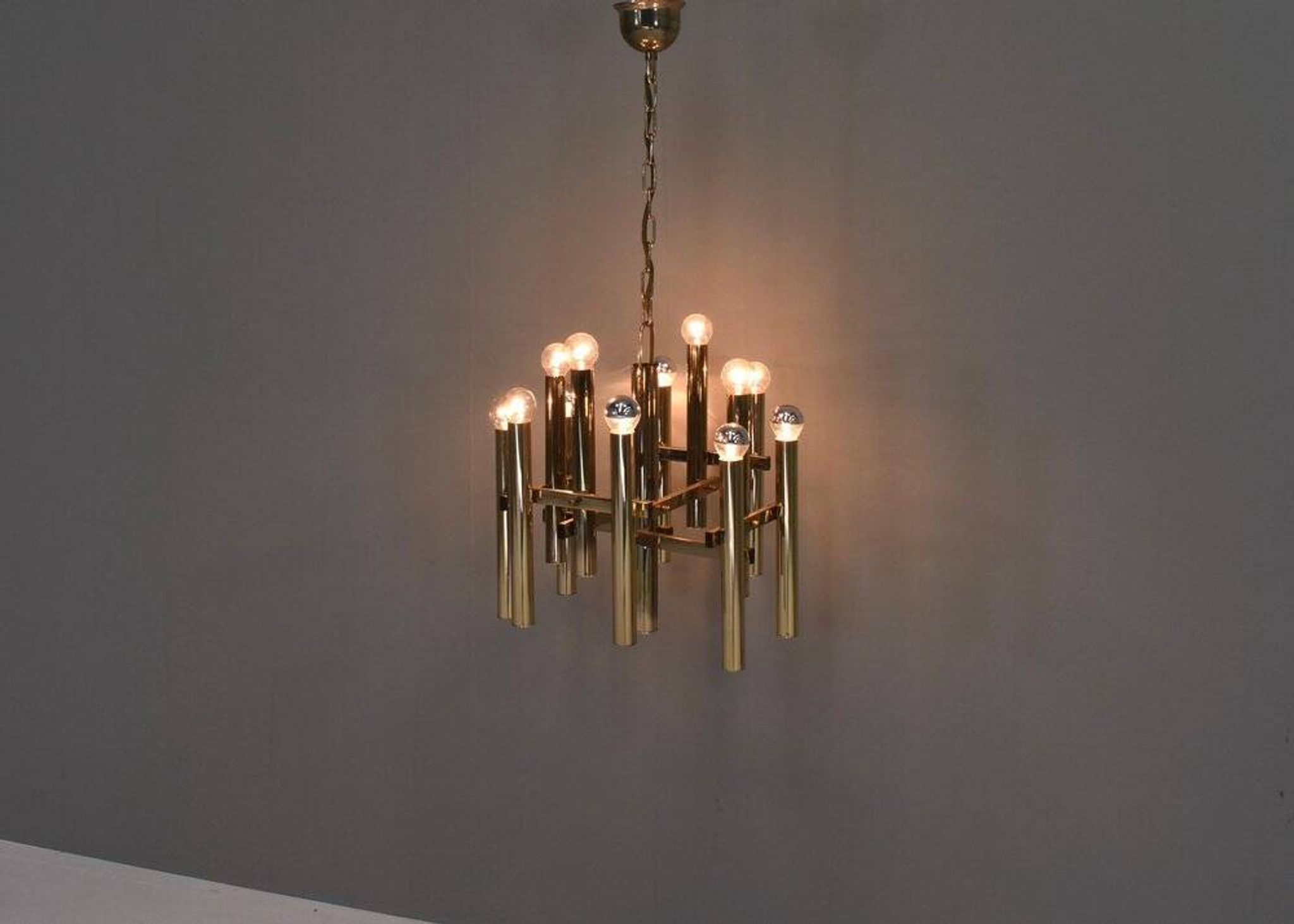 Italian brass chandelier 12 spot pendant lamp by Gaetano Sciolari, 1970s