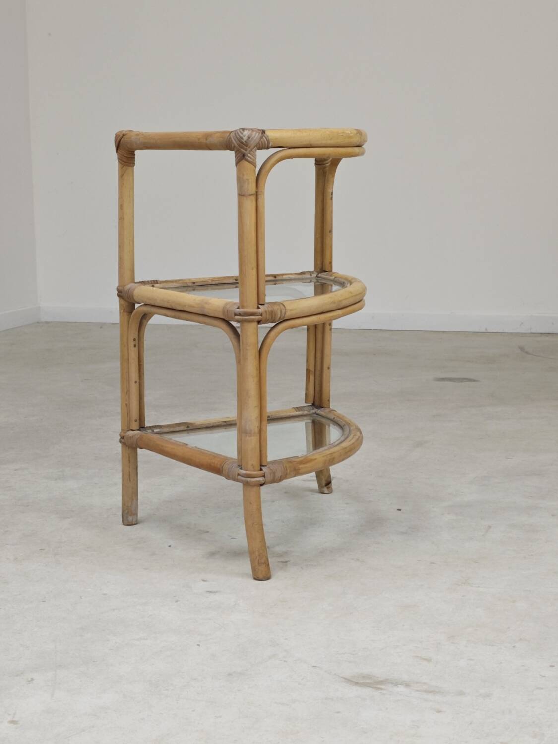 Rattan and glass corner shelf 1970