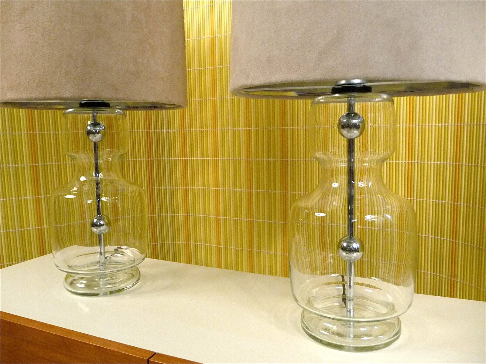 Set of 2 Glass & chrome table lamps with alcantara lampshades, 1960s