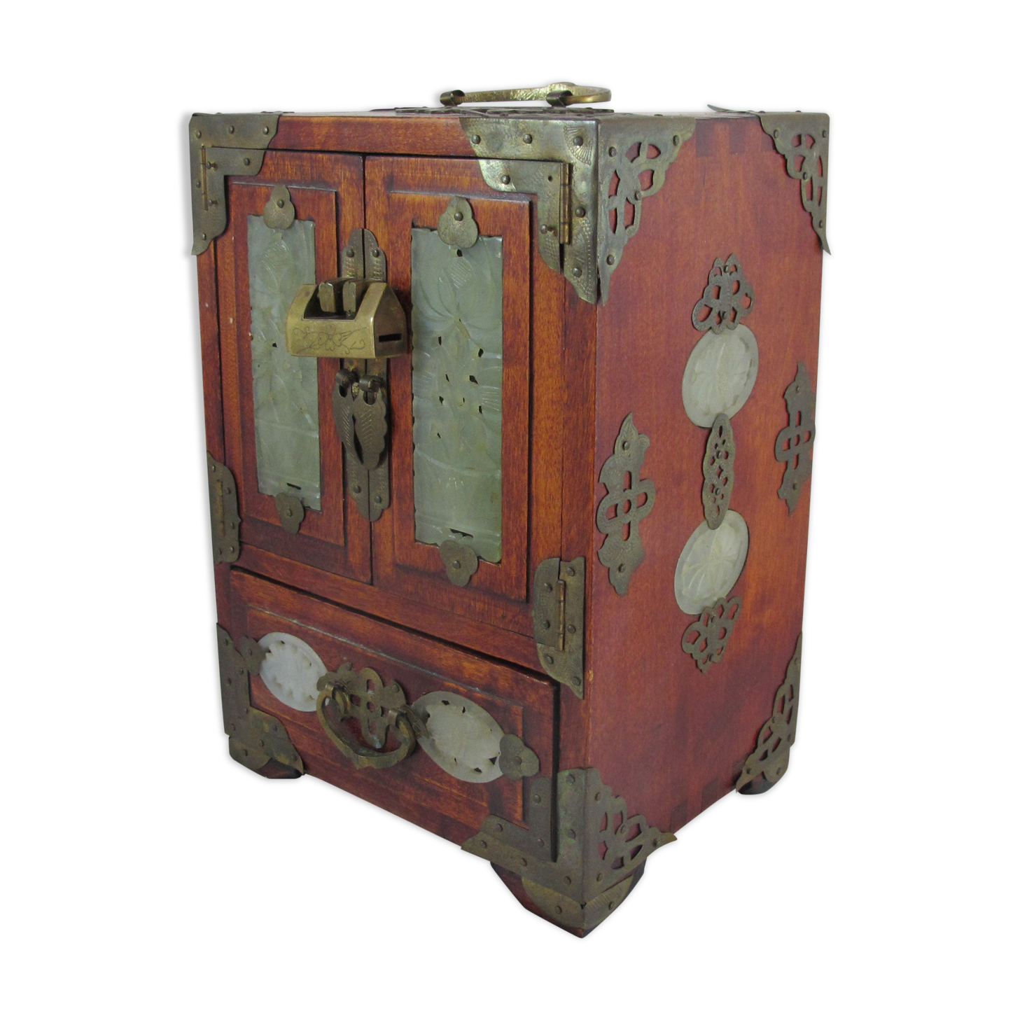 Chinese wooden jewelry box adorned with jade plates