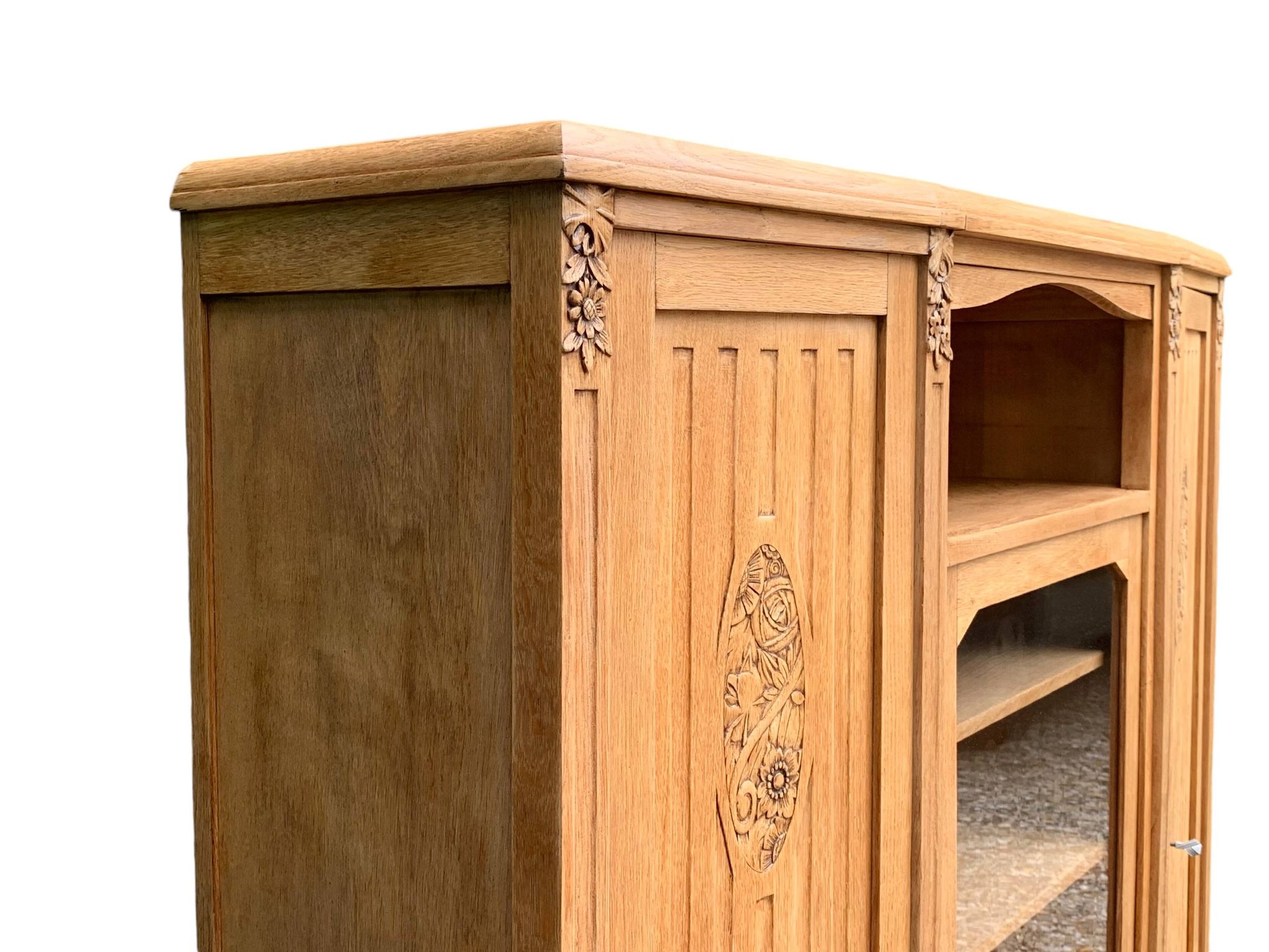 Asymmetrical Art Deco glass-fronted Parisian wardrobe in raw oak, 1930.